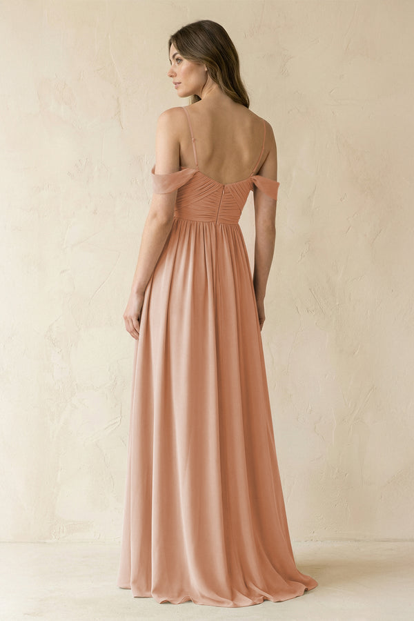 A-Line Off-the-Shoulder Pleated Chiffon Bridesmaid Dress in Champagne Rose - SHE IS ME BRIDESMAID DRESSES