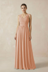 A-Line V-Neck Pleated Chiffon Bridesmaid Dress in Champagne Rose - KISS BRIDAL BRIDESMAID DRESSES