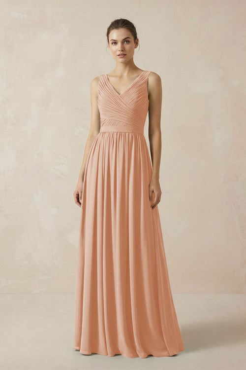 A-Line V-Neck Pleated Chiffon Bridesmaid Dress in Champagne Rose - SHE IS ME BRIDESMAID DRESSES