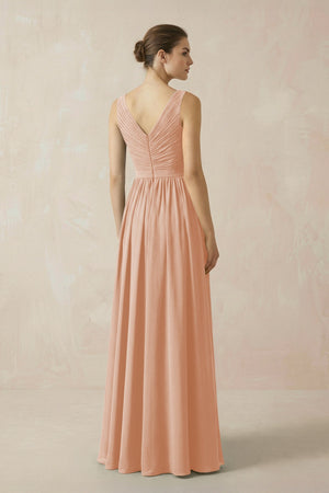 A-Line V-Neck Pleated Chiffon Bridesmaid Dress in Champagne Rose - SHE IS ME BRIDESMAID DRESSES