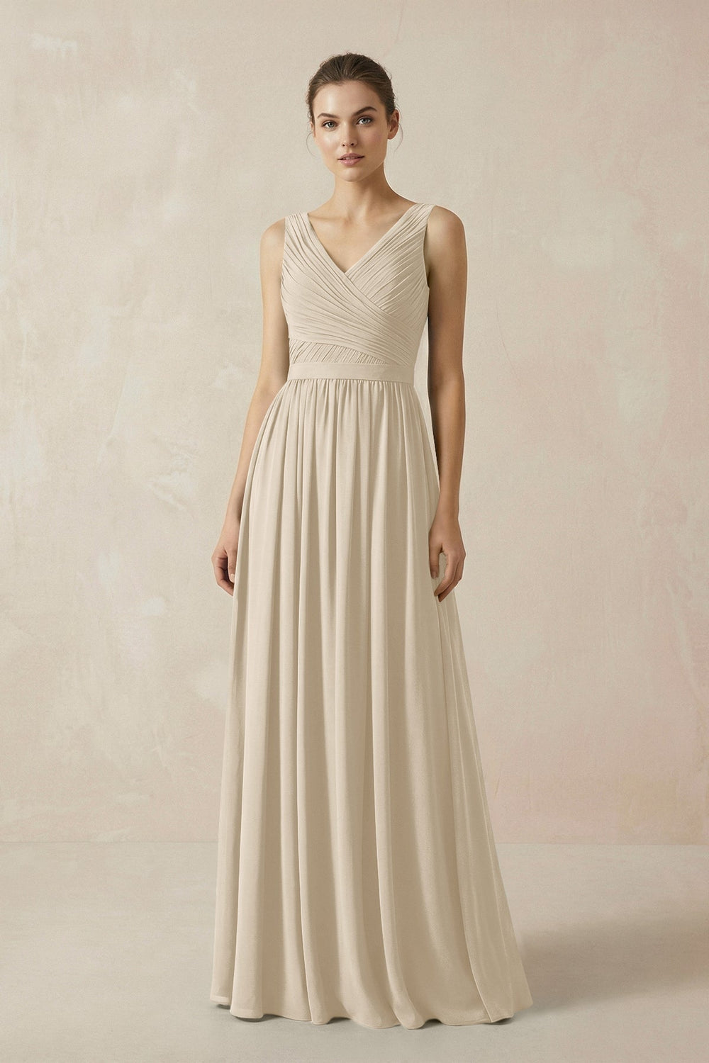 A-Line V-Neck Pleated Chiffon Bridesmaid Dress in Champagne - KISS BRIDAL BRIDESMAID DRESSES