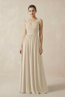 A-Line V-Neck Pleated Chiffon Bridesmaid Dress in Champagne - SHE IS ME BRIDESMAID DRESSES