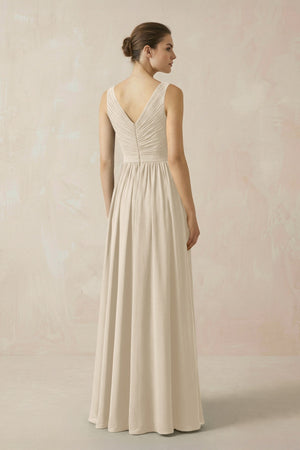 A-Line V-Neck Pleated Chiffon Bridesmaid Dress in Champagne - SHE IS ME BRIDESMAID DRESSES