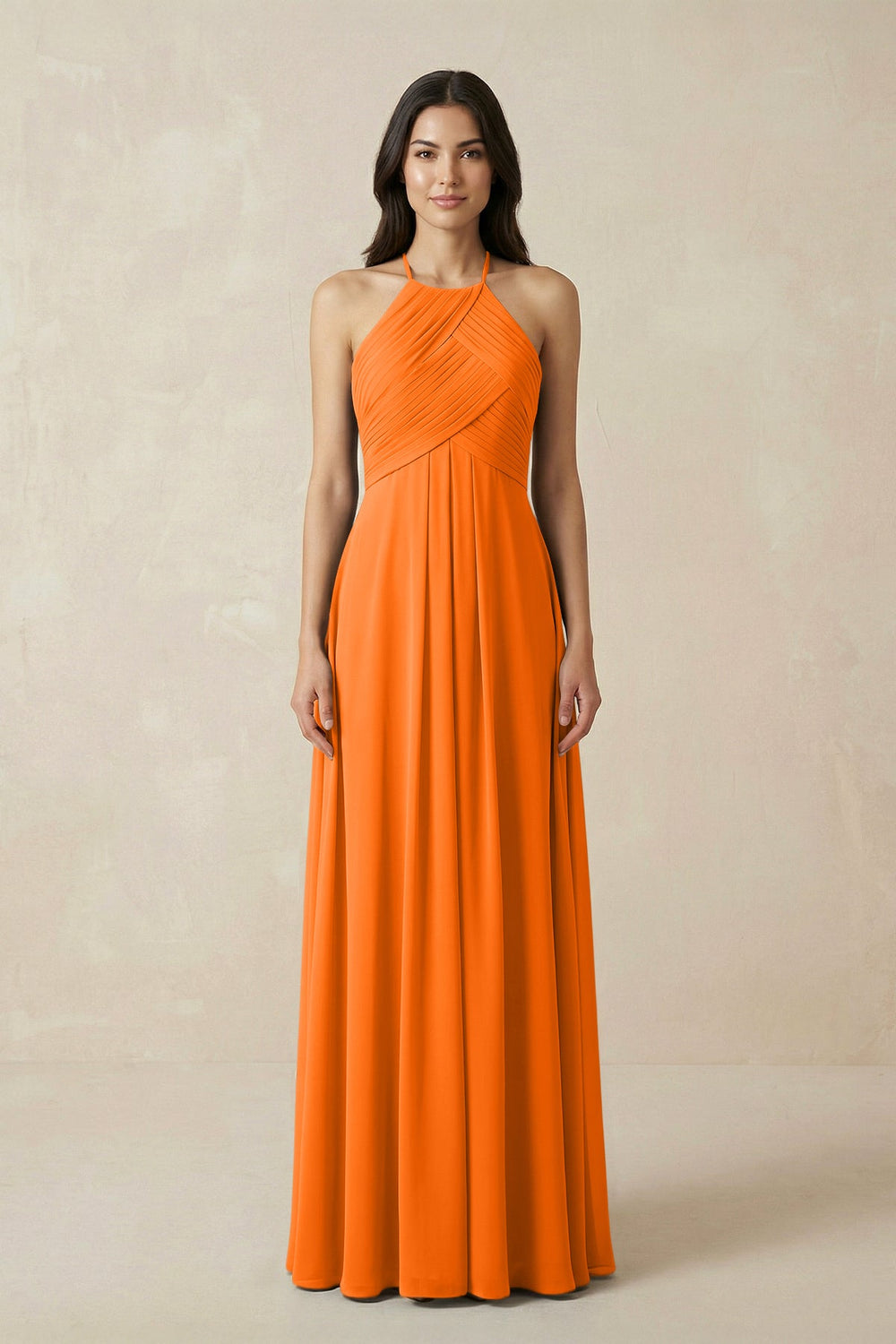 A-Line Halter Neck Pleated Chiffon Bridesmaid Dress in Cinnamon - KISS BRIDAL BRIDESMAID DRESSES