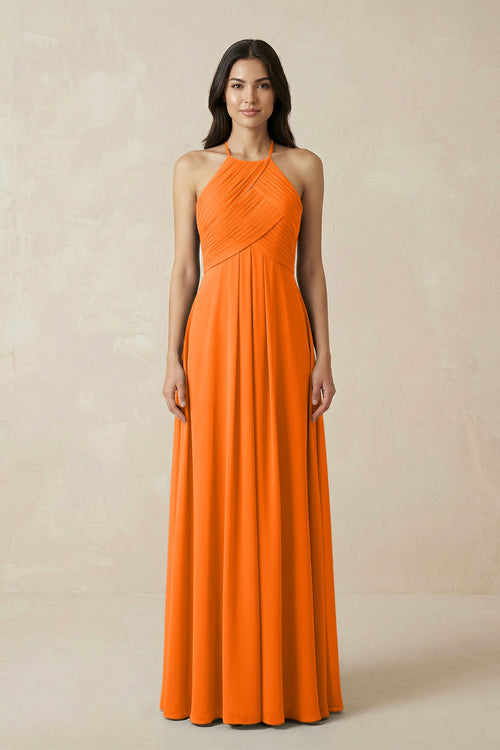 A-Line Halter Neck Pleated Chiffon Bridesmaid Dress in Cinnamon - KISS BRIDAL BRIDESMAID DRESSES