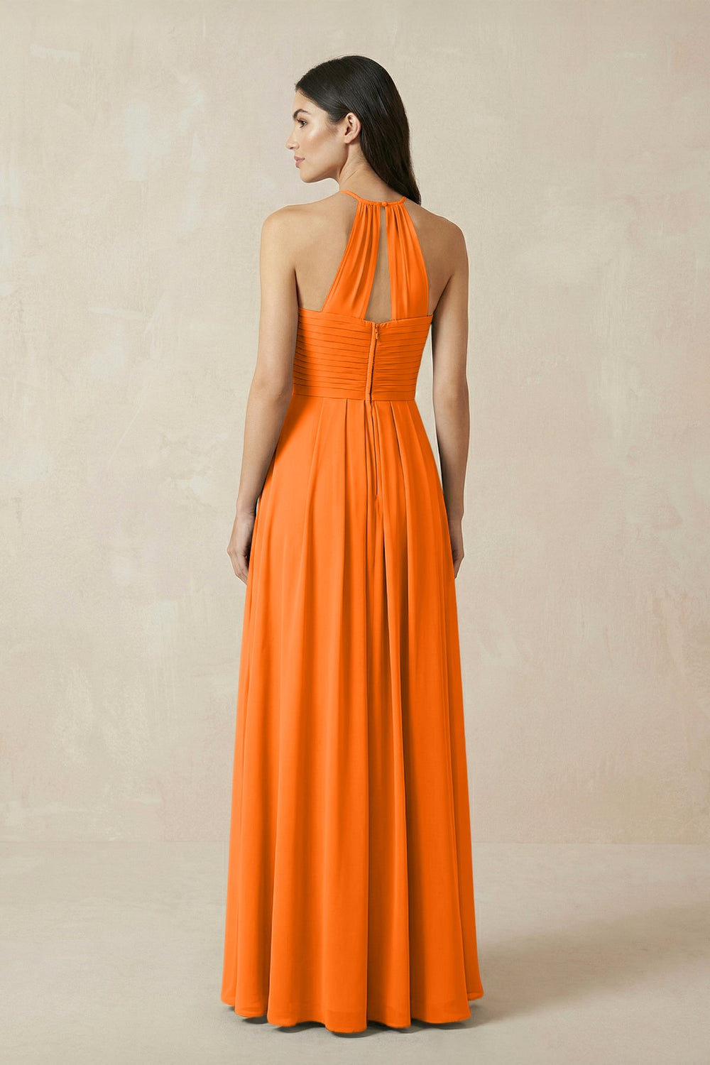 A-Line Halter Neck Pleated Chiffon Bridesmaid Dress in Cinnamon - KISS BRIDAL BRIDESMAID DRESSES