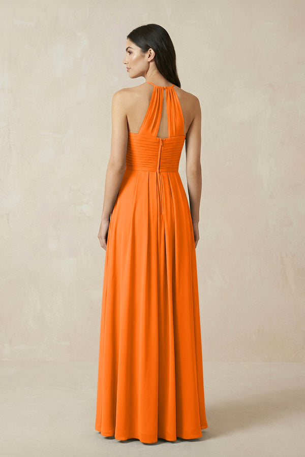 A-Line Halter Neck Pleated Chiffon Bridesmaid Dress in Cinnamon - KISS BRIDAL BRIDESMAID DRESSES