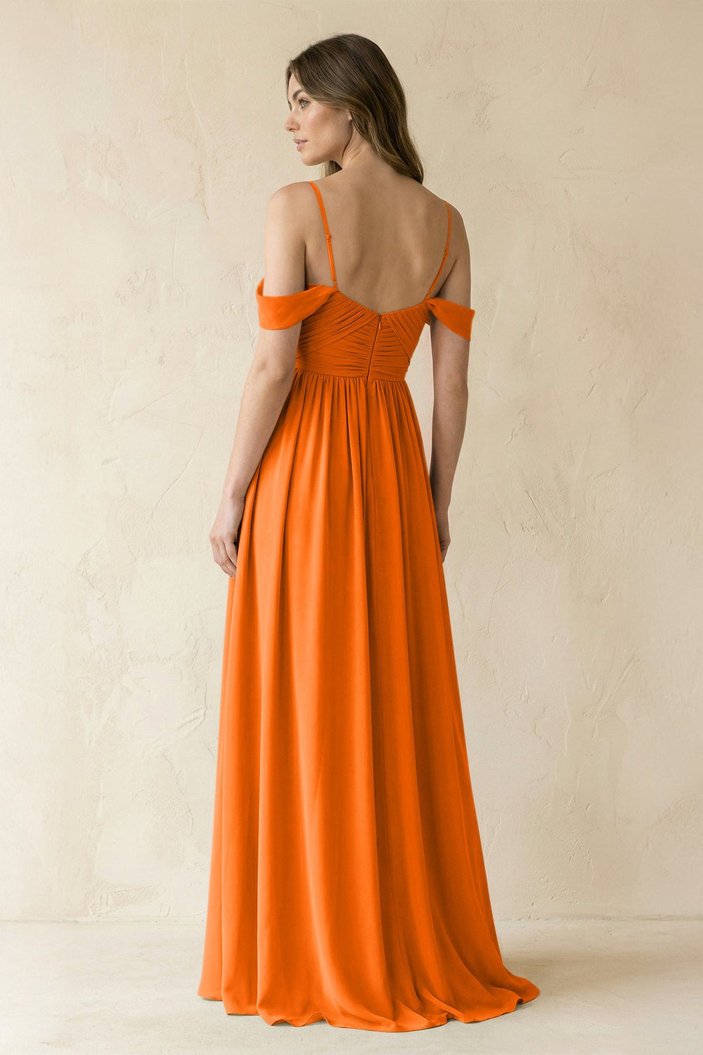 A-Line Off-the-Shoulder Pleated Chiffon Bridesmaid Dress in Cinnamon - KISS BRIDAL BRIDESMAID DRESSES