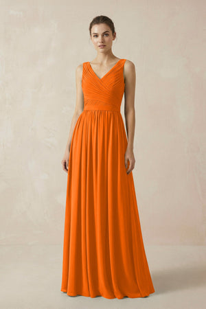 A-Line V-Neck Pleated Chiffon Bridesmaid Dress in Cinnamon - SHE IS ME BRIDESMAID DRESSES