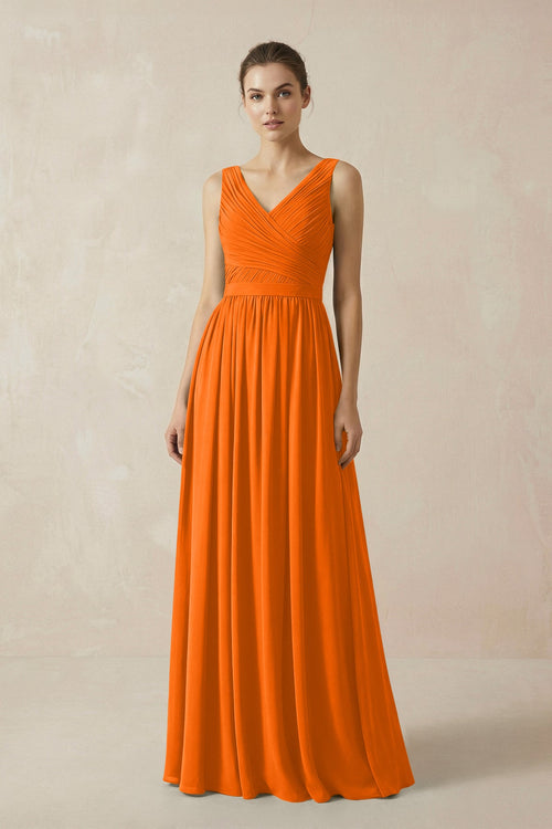 A-Line V-Neck Pleated Chiffon Bridesmaid Dress in Cinnamon - SHE IS ME BRIDESMAID DRESSES