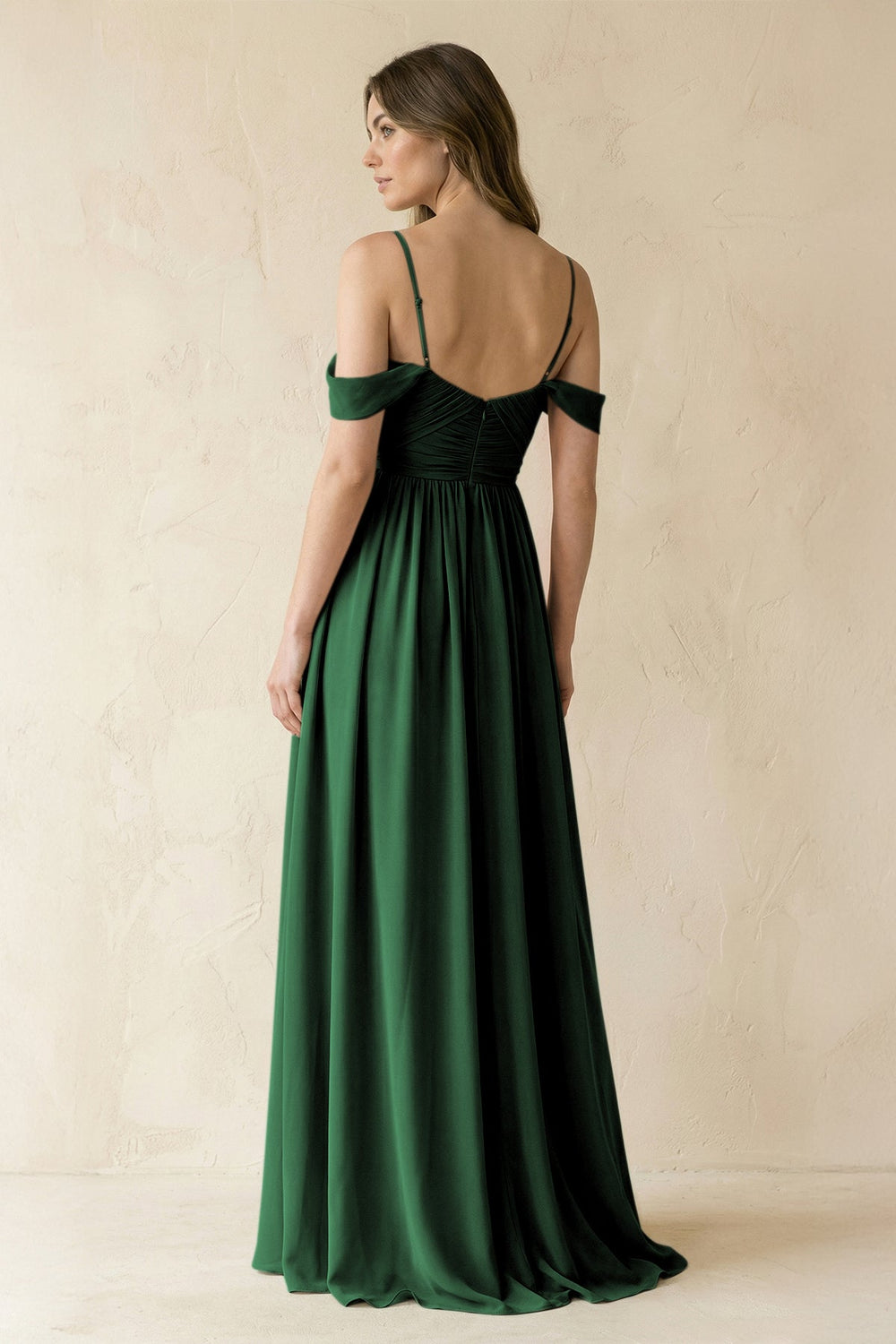 A-Line Off-the-Shoulder Pleated Chiffon Bridesmaid Dress in Dark Green - KISS BRIDAL BRIDESMAID DRESSES