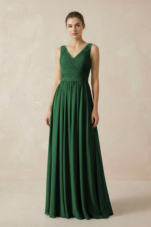 A-Line V-Neck Pleated Chiffon Bridesmaid Dress in Dark Green - SHE IS ME BRIDESMAID DRESSES