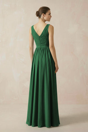 A-Line V-Neck Pleated Chiffon Bridesmaid Dress in Dark Green - SHE IS ME BRIDESMAID DRESSES