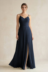 Pleated A-Line Long Chiffon Bridesmaid Dress in Dark Navy