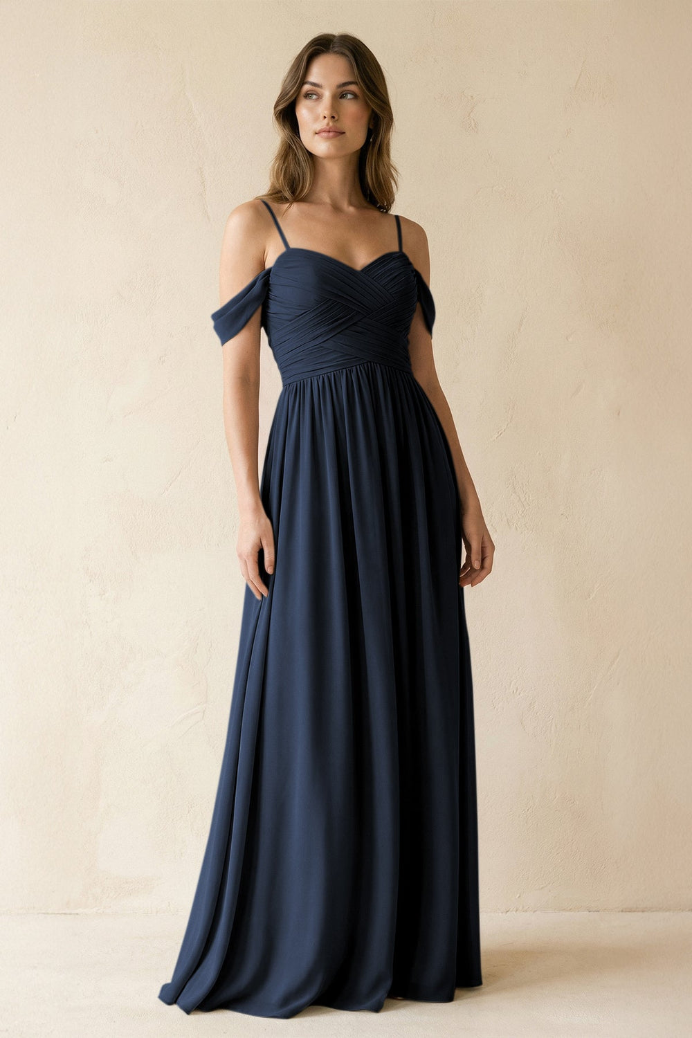 A-Line Off-the-Shoulder Pleated Chiffon Bridesmaid Dress in Dark Navy - KISS BRIDAL BRIDESMAID DRESSES