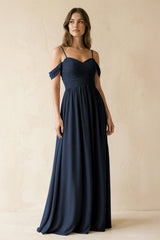 A-Line Off-the-Shoulder Pleated Chiffon Bridesmaid Dress in Dark Navy - KISS BRIDAL BRIDESMAID DRESSES