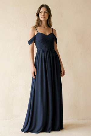 A-Line Off-the-Shoulder Pleated Chiffon Bridesmaid Dress in Dark Navy - SHE IS ME BRIDESMAID DRESSES