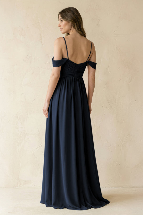 A-Line Off-the-Shoulder Pleated Chiffon Bridesmaid Dress in Dark Navy - SHE IS ME BRIDESMAID DRESSES