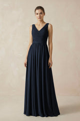 A-Line V-Neck Pleated Chiffon Bridesmaid Dress in Dark Navy - KISS BRIDAL BRIDESMAID DRESSES