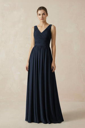 A-Line V-Neck Pleated Chiffon Bridesmaid Dress in Dark Navy - SHE IS ME BRIDESMAID DRESSES