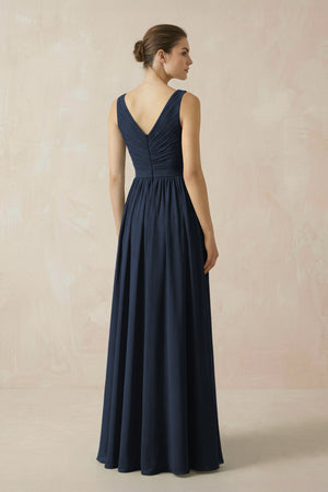 A-Line V-Neck Pleated Chiffon Bridesmaid Dress in Dark Navy - SHE IS ME BRIDESMAID DRESSES