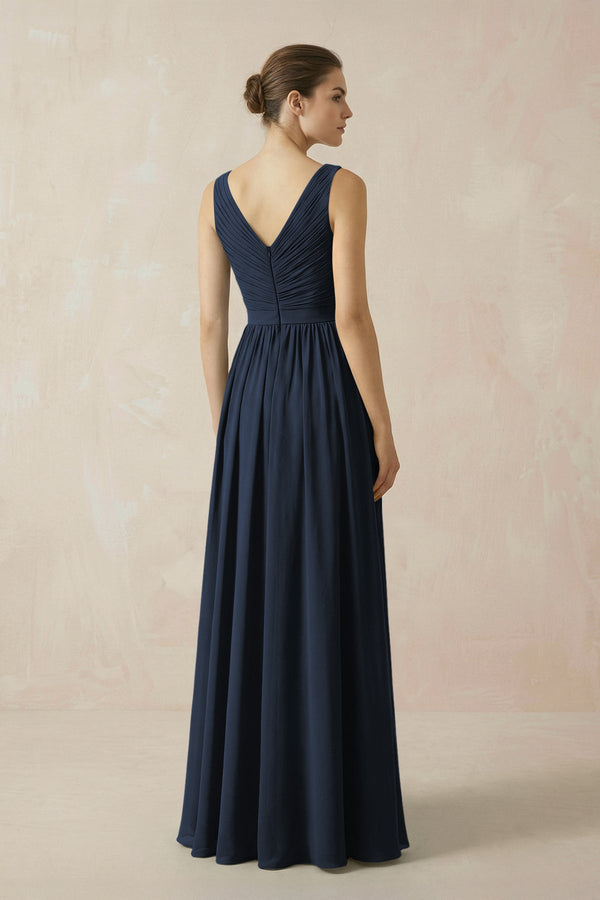 A-Line V-Neck Pleated Chiffon Bridesmaid Dress in Dark Navy - SHE IS ME BRIDESMAID DRESSES