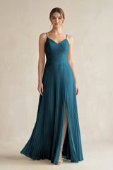 Pleated A-Line Long Chiffon Bridesmaid Dress in Dark Teal
