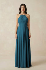 A-Line Halter Neck Pleated Chiffon Bridesmaid Dress in Dark Teal - KISS BRIDAL BRIDESMAID DRESSES