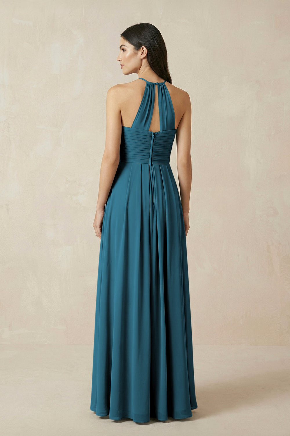 A-Line Halter Neck Pleated Chiffon Bridesmaid Dress in Dark Teal - KISS BRIDAL BRIDESMAID DRESSES