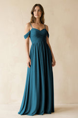 A-Line Off-the-Shoulder Pleated Chiffon Bridesmaid Dress in Dark Teal - KISS BRIDAL BRIDESMAID DRESSES