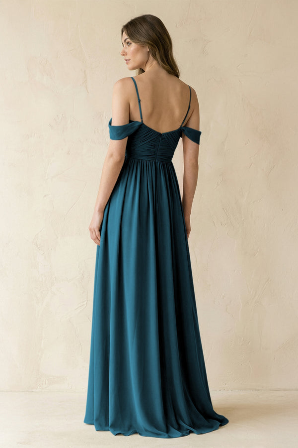 A-Line Off-the-Shoulder Pleated Chiffon Bridesmaid Dress in Dark Teal - SHE IS ME BRIDESMAID DRESSES
