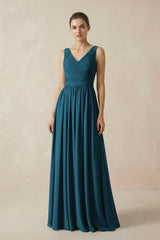 A-Line V-Neck Pleated Chiffon Bridesmaid Dress in Dark Teal - KISS BRIDAL BRIDESMAID DRESSES
