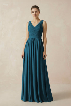 A-Line V-Neck Pleated Chiffon Bridesmaid Dress in Dark Teal - SHE IS ME BRIDESMAID DRESSES