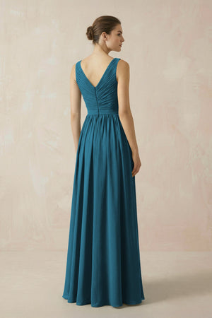 A-Line V-Neck Pleated Chiffon Bridesmaid Dress in Dark Teal - SHE IS ME BRIDESMAID DRESSES