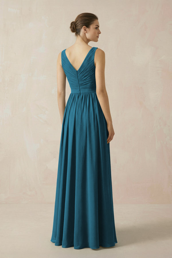 A-Line V-Neck Pleated Chiffon Bridesmaid Dress in Dark Teal - SHE IS ME BRIDESMAID DRESSES