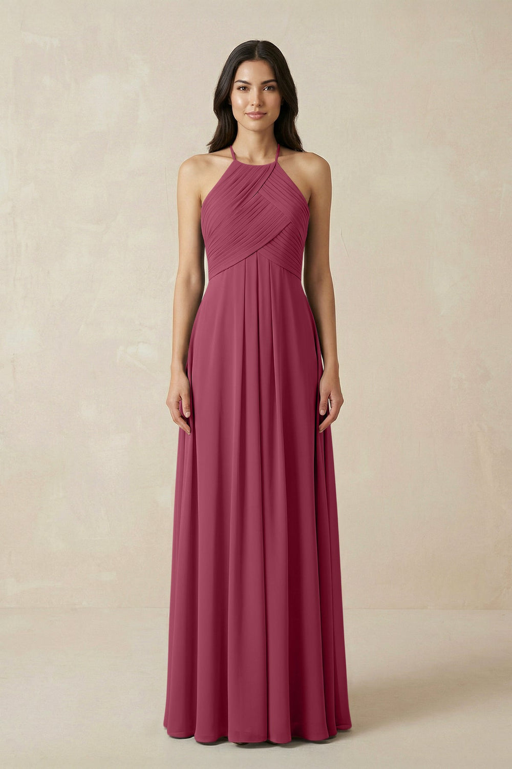 A-Line Halter Neck Pleated Chiffon Bridesmaid Dress in Desert Rose - KISS BRIDAL BRIDESMAID DRESSES