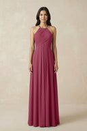 A-Line Halter Neck Pleated Chiffon Bridesmaid Dress in Desert Rose - KISS BRIDAL BRIDESMAID DRESSES