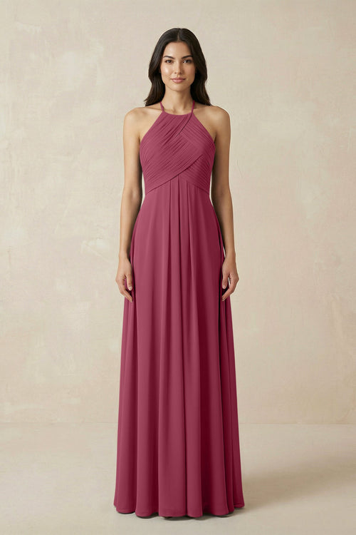 A-Line Halter Neck Pleated Chiffon Bridesmaid Dress in Desert Rose - KISS BRIDAL BRIDESMAID DRESSES