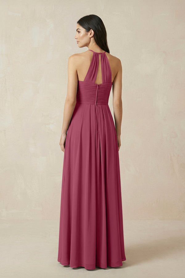 A-Line Halter Neck Pleated Chiffon Bridesmaid Dress in Desert Rose - KISS BRIDAL BRIDESMAID DRESSES