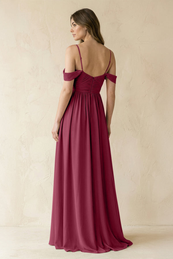 A-Line Off-the-Shoulder Pleated Chiffon Bridesmaid Dress in Desert Rose - SHE IS ME BRIDESMAID DRESSES