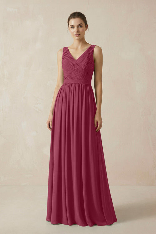 A-Line V-Neck Pleated Chiffon Bridesmaid Dress in Desert Rose - SHE IS ME BRIDESMAID DRESSES