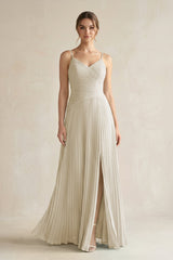 Pleated A-Line Long Chiffon Bridesmaid Dress in Dove Gray