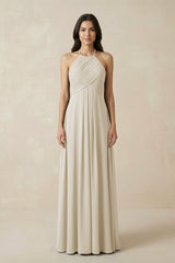 A-Line Halter Neck Pleated Chiffon Bridesmaid Dress in Dove Gray - KISS BRIDAL BRIDESMAID DRESSES