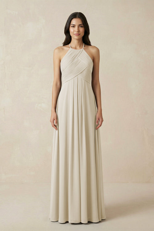 A-Line Halter Neck Pleated Chiffon Bridesmaid Dress in Dove Gray - KISS BRIDAL BRIDESMAID DRESSES