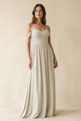 A-Line Off-the-Shoulder Pleated Chiffon Bridesmaid Dress in Dove Gray - KISS BRIDAL BRIDESMAID DRESSES