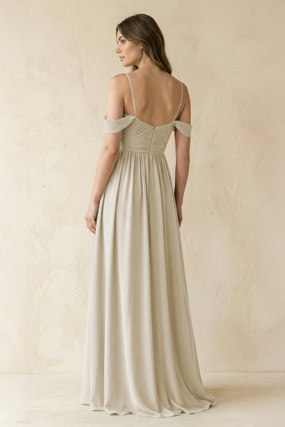 A-Line Off-the-Shoulder Pleated Chiffon Bridesmaid Dress in Dove Gray - KISS BRIDAL BRIDESMAID DRESSES
