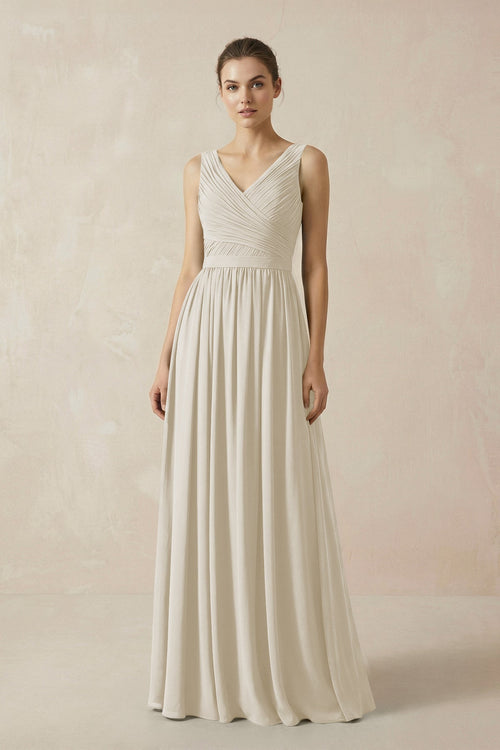 A-Line V-Neck Pleated Chiffon Bridesmaid Dress in Dove Gray - SHE IS ME BRIDESMAID DRESSES