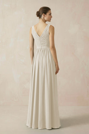 A-Line V-Neck Pleated Chiffon Bridesmaid Dress in Dove Gray - SHE IS ME BRIDESMAID DRESSES