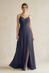 Pleated A-Line Long Chiffon Bridesmaid Dress in Dusk Blue