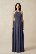 A-Line Halter Neck Pleated Chiffon Bridesmaid Dress in Dusk Blue - KISS BRIDAL BRIDESMAID DRESSES